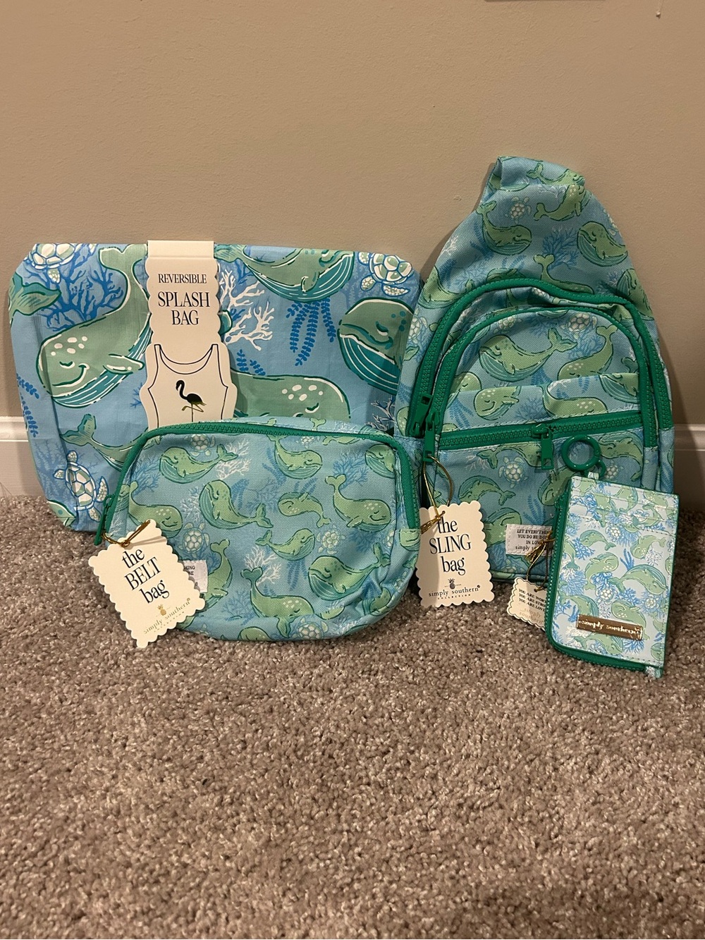 Simply Southern Whale Print Blue & Green Sling, Pouch and Wallet Bundle - NWT